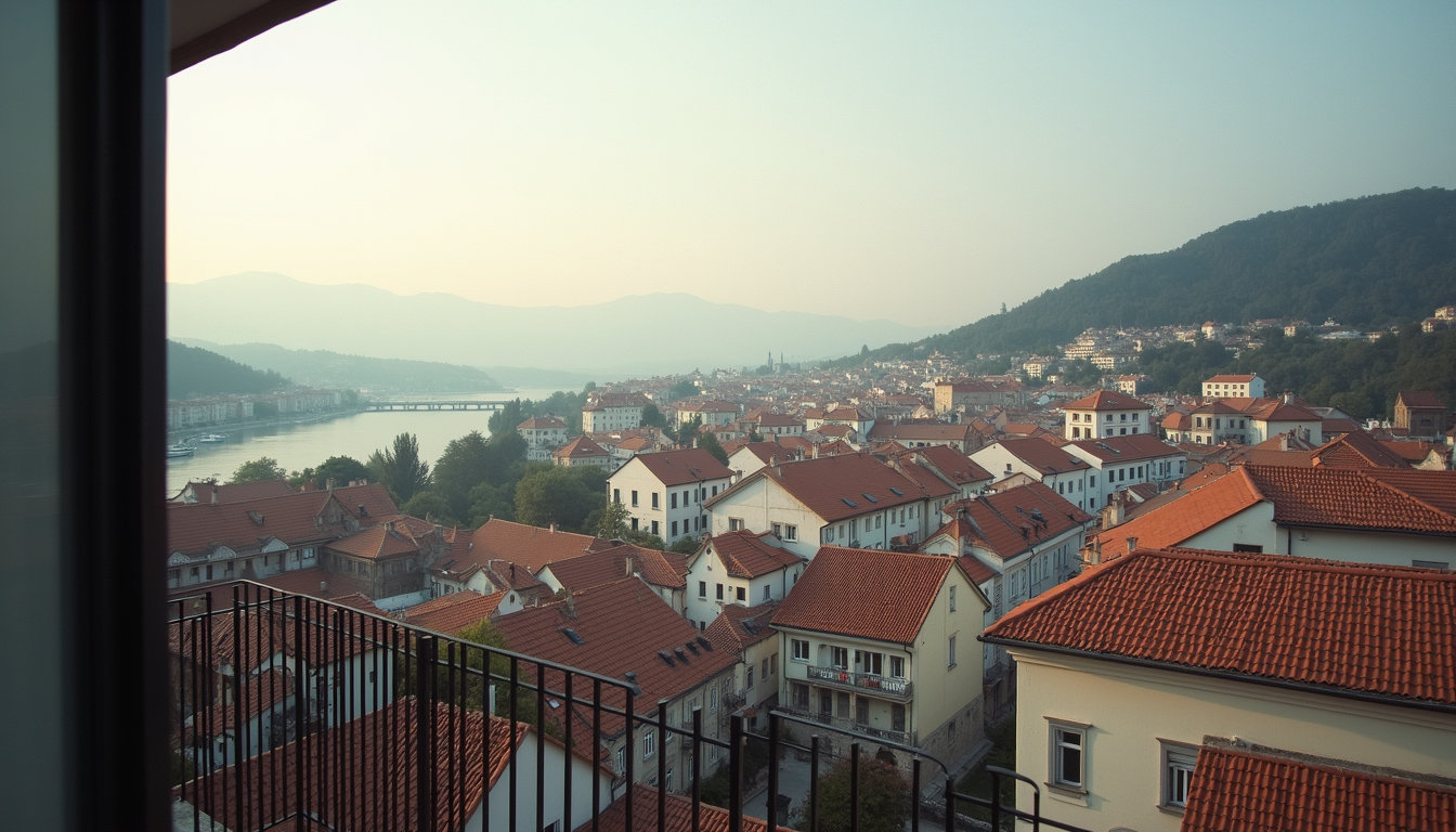 High angle view of a balcony overlooking Trebinje cityscape